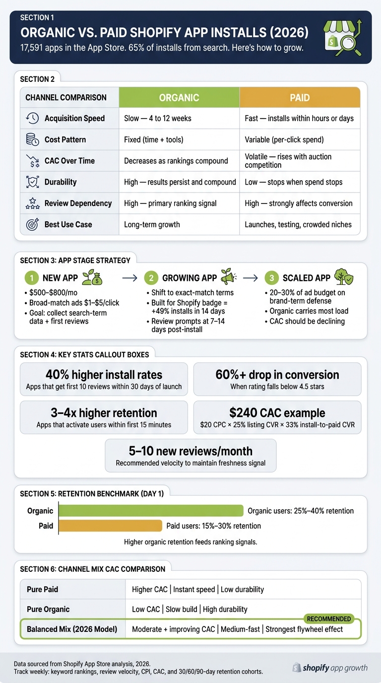Organic vs. Paid Shopify App Installs: Channel Comparison by Stage (2026)