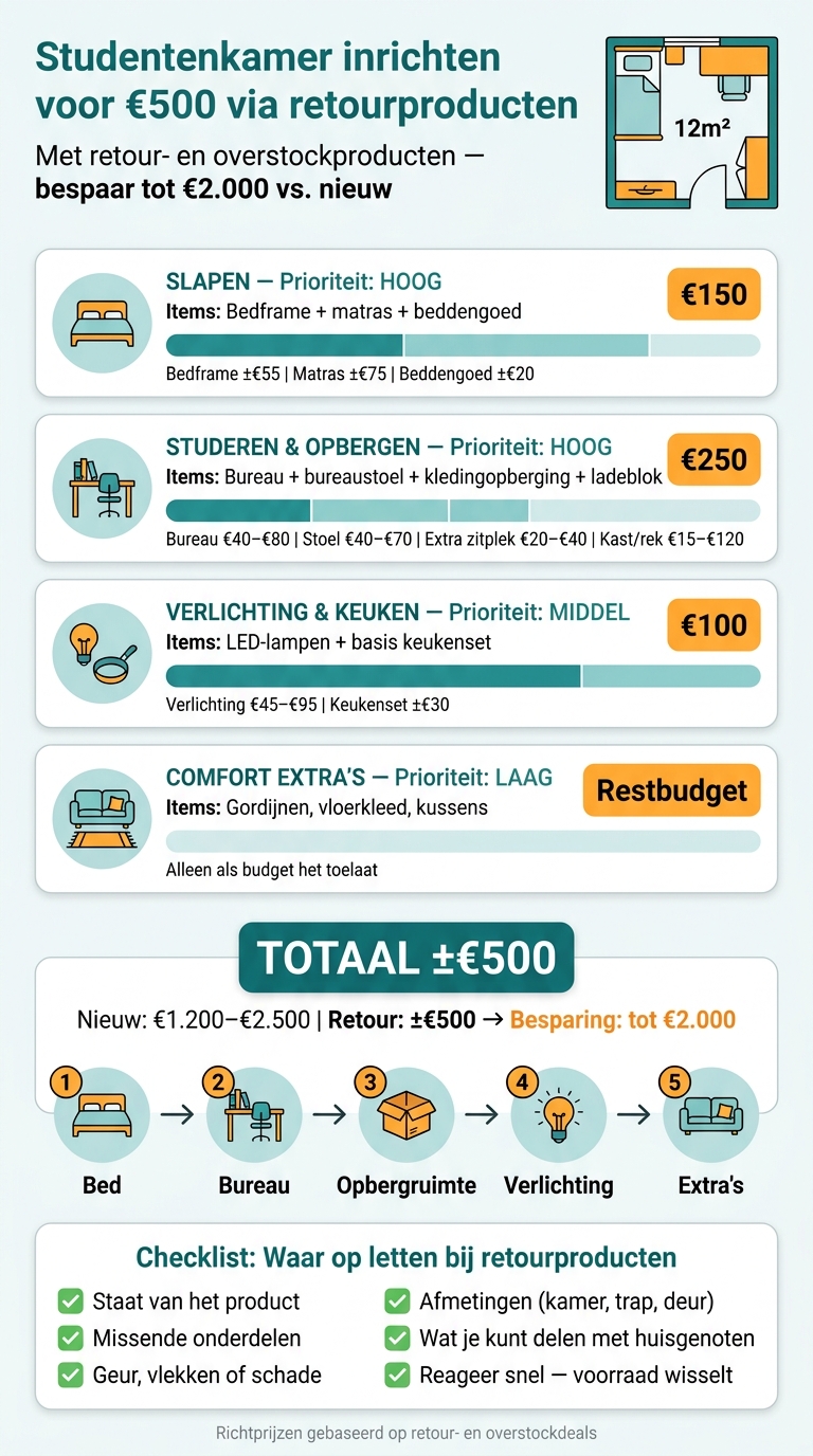 Studentenkamer inrichten onder €500: budgetverdeling retourproducten