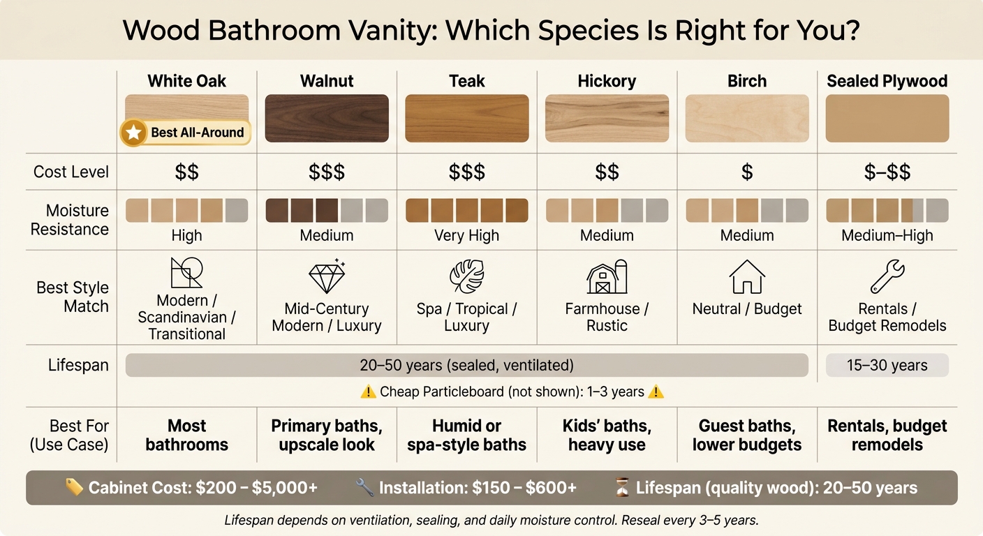 Wood Bathroom Vanity Cost, Style, Care and Value 1 Wood Bathroom Vanity: Species Comparison by Cost, Style & Moisture Resistance