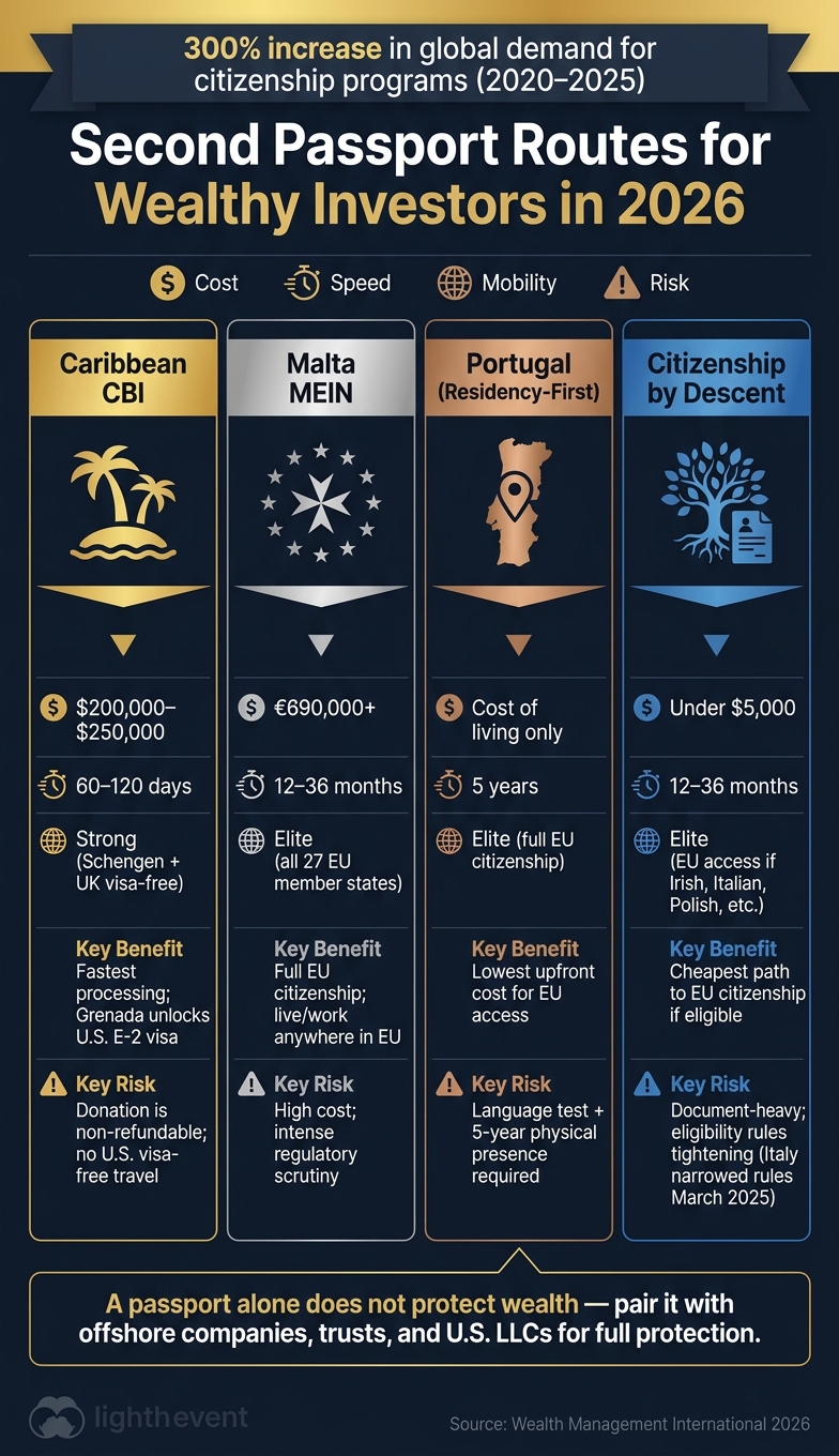 Second Passport Routes for Wealthy Investors in 2026: Cost, Speed & Access Compared