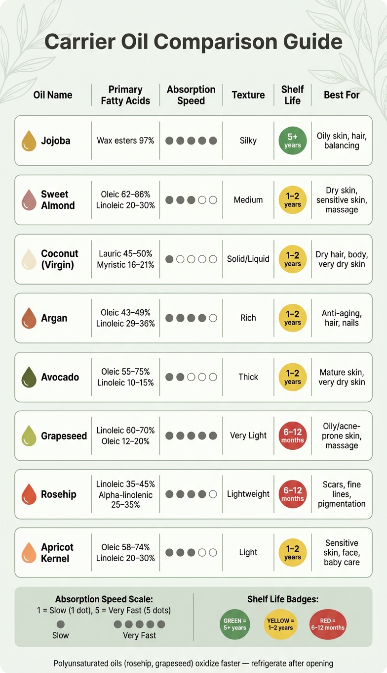 Carrier Oil Comparison: Skin Type, Absorption & Shelf Life