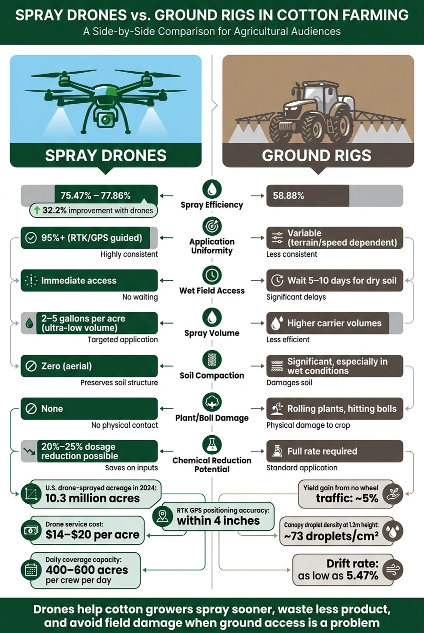 Spray Drones vs. Ground Rigs in Cotton: Key Performance Stats