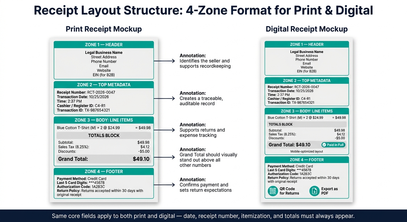 Receipt Layout Structure: 4-Zone Format for Print & Digital