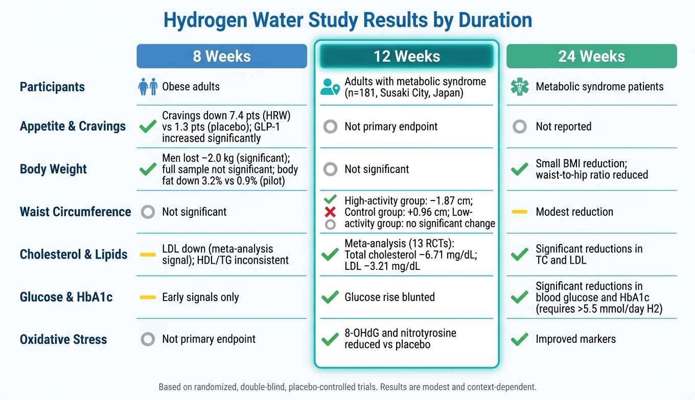 Hydrogen Water Study Results: 8, 12 & 24 Weeks Compared