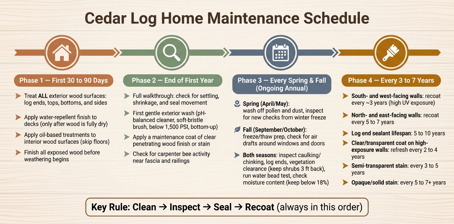 Cedar Log Home Maintenance Schedule: First 90 Days to 7 Years