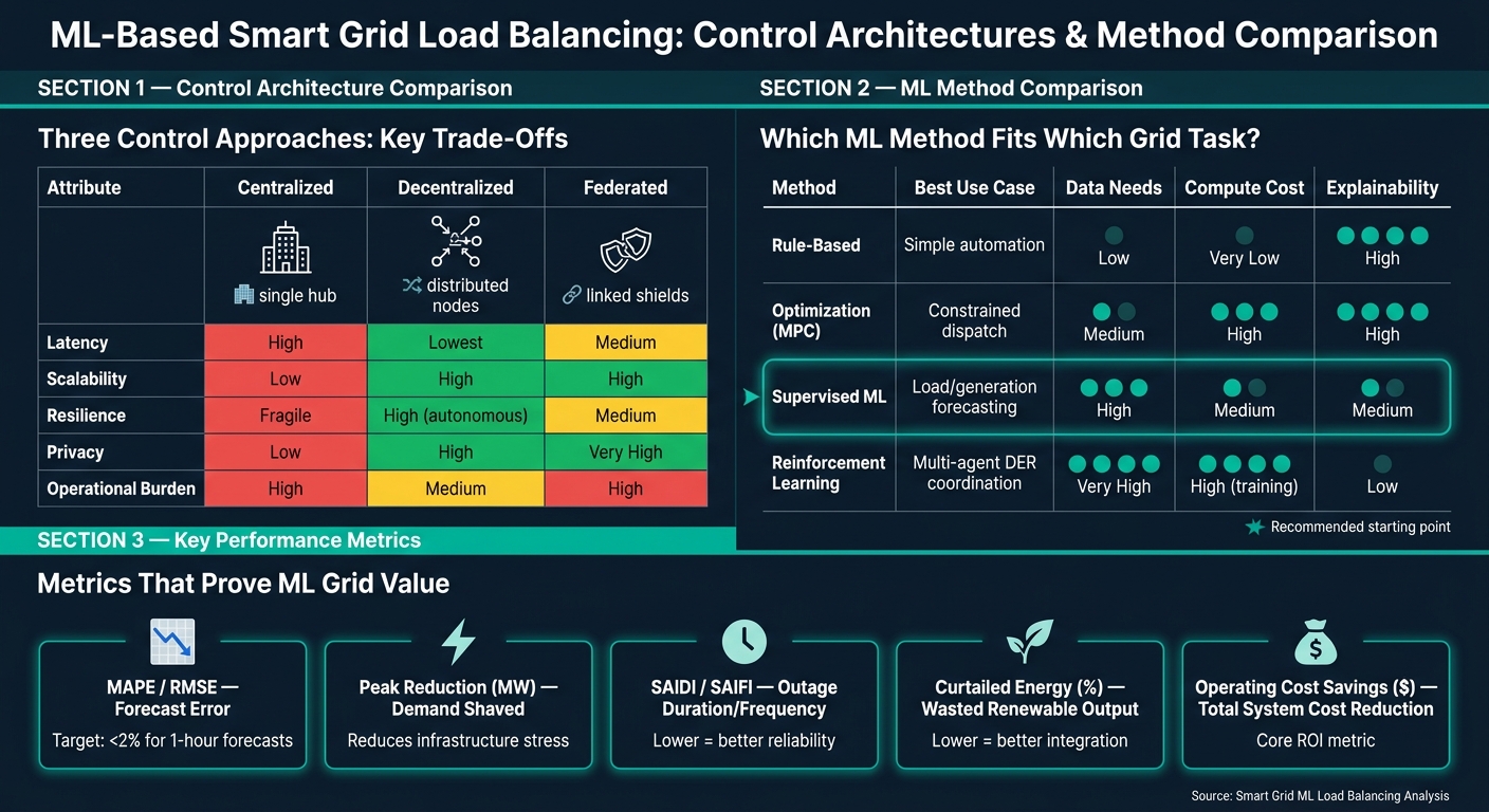 ML Methods for Smart Grid Load Balancing: Models, Metrics & Control Architectures