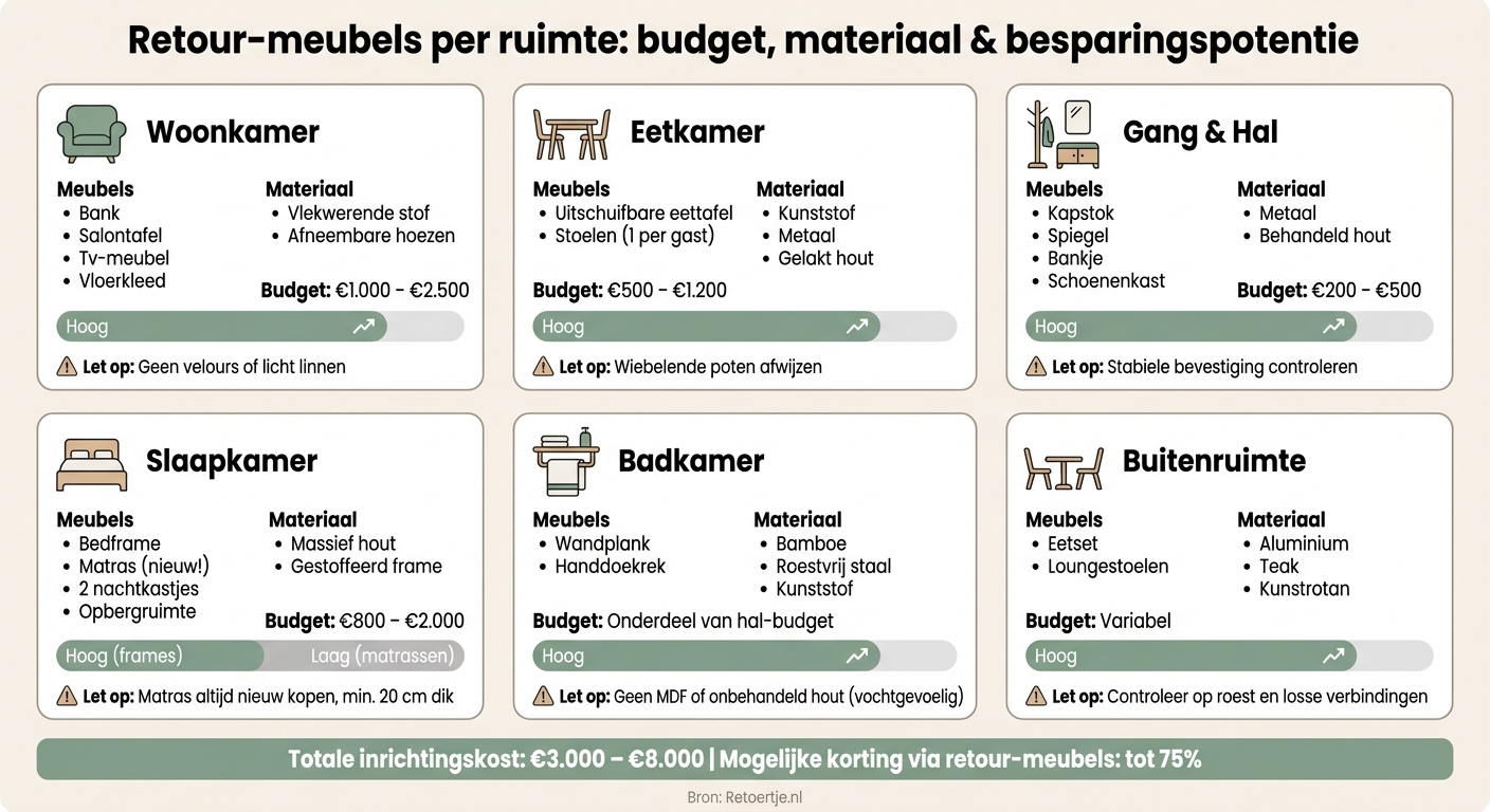 Retour-meubels per ruimte: budget, materiaal & besparingspotentie