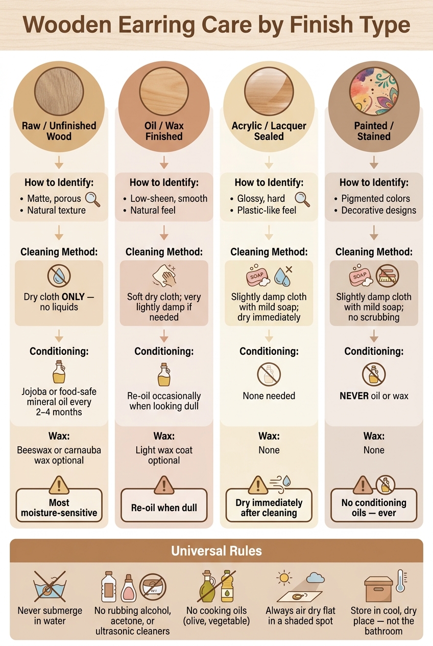 Wooden Earring Care by Finish Type: Quick Reference Guide