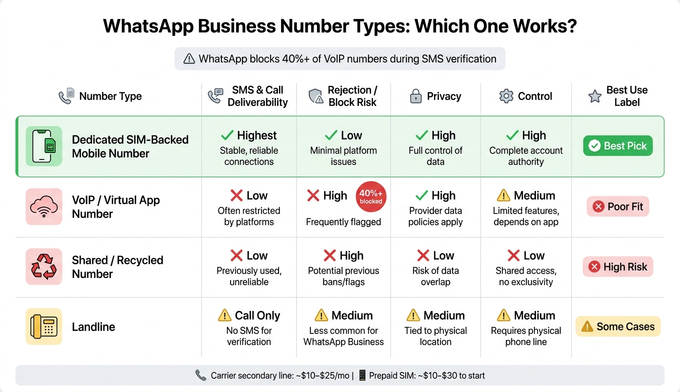 WhatsApp Business Verification With a Dedicated Number 4 WhatsApp Business Number Types: Comparison Guide