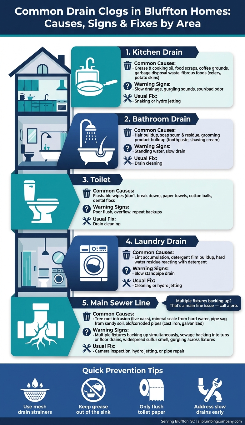 Common Drain Clogs in Bluffton Homes: Causes, Signs & Fixes by Area