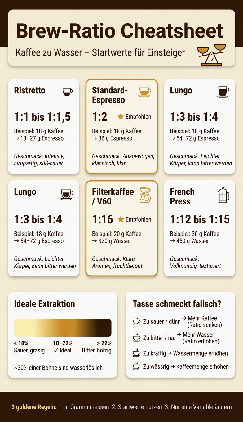 Brew-Ratio Cheatsheet: Espresso & Filterkaffee auf einen Blick