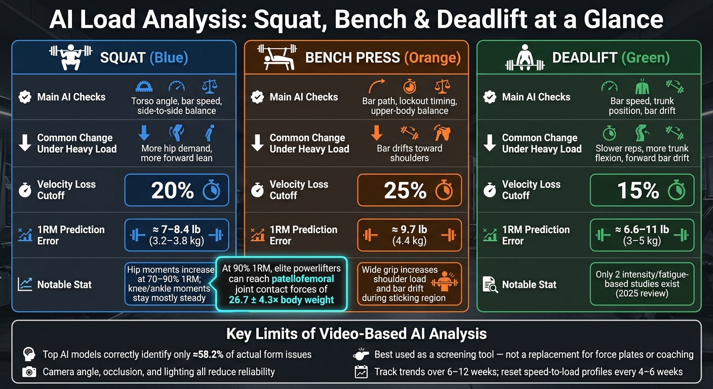 AI Load Analysis: Squat, Bench & Deadlift Key Metrics Compared