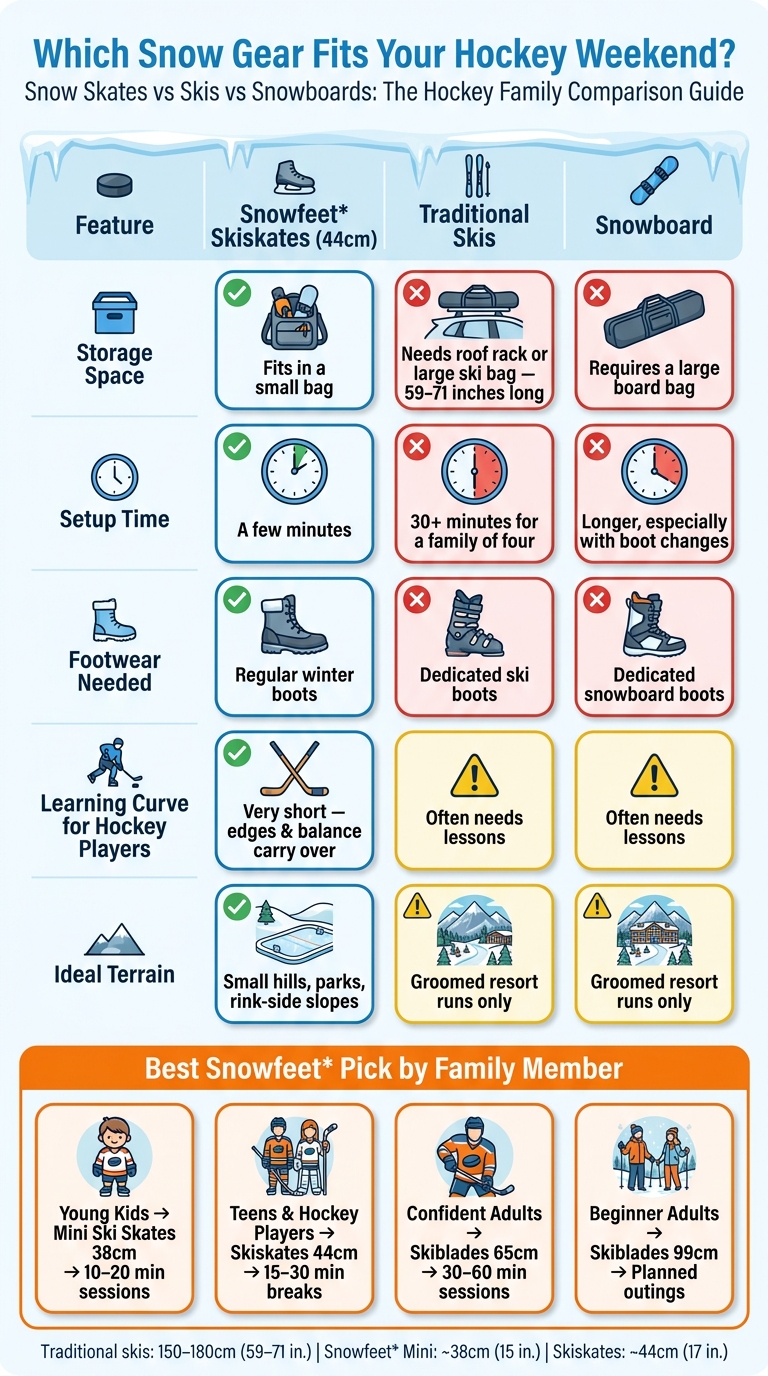 Snow Skates vs Skis vs Snowboards: The Hockey Family Comparison Guide