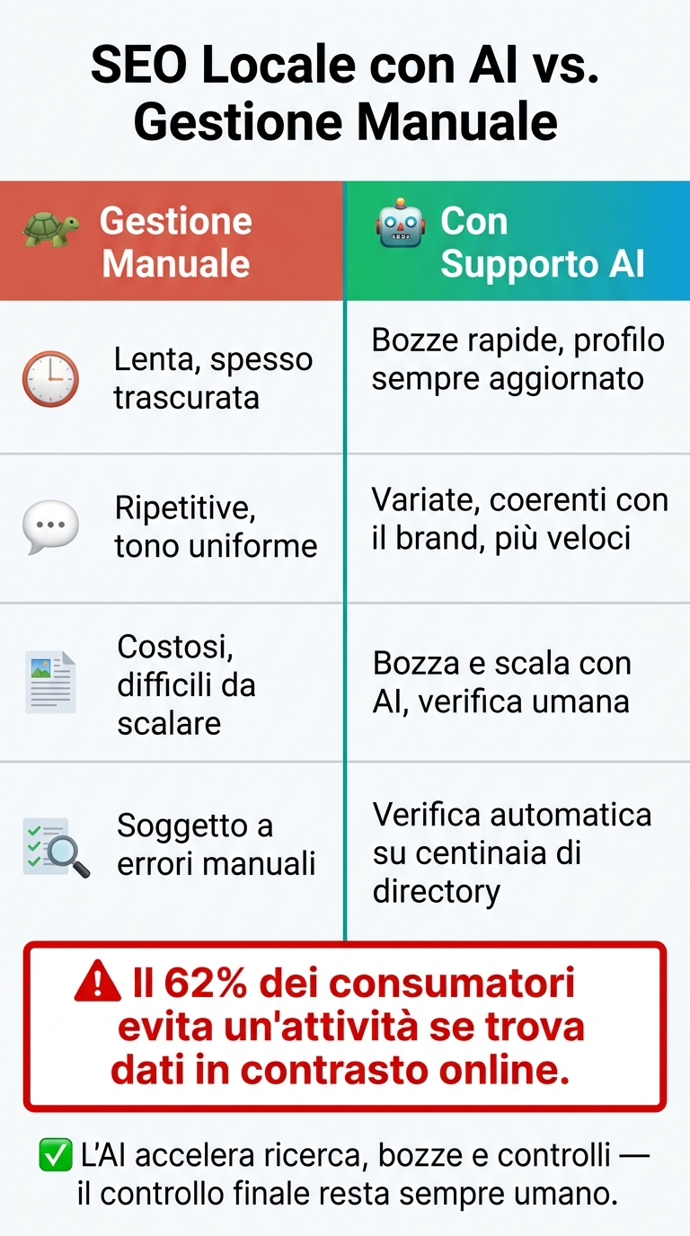 Seo locale con ai: consigli per piccole imprese 2 Seo locale con ai vs. Manuale: confronto attività e kpi