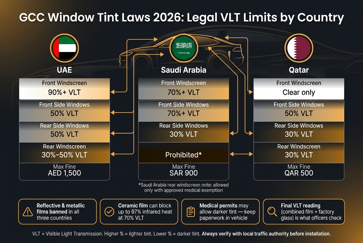 GCC Window Tint Laws 2026: Legal VLT Limits by Country