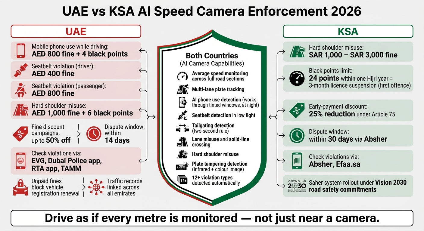 UAE vs KSA AI Speed Camera Enforcement 2026: Fines, Points & Rules Compared