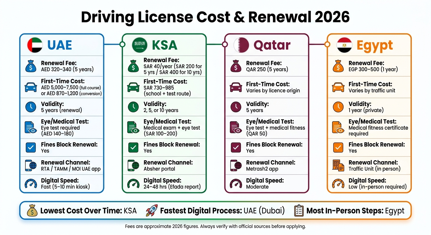 Driving License Cost & Renewal 2026: UAE vs KSA vs Qatar vs Egypt