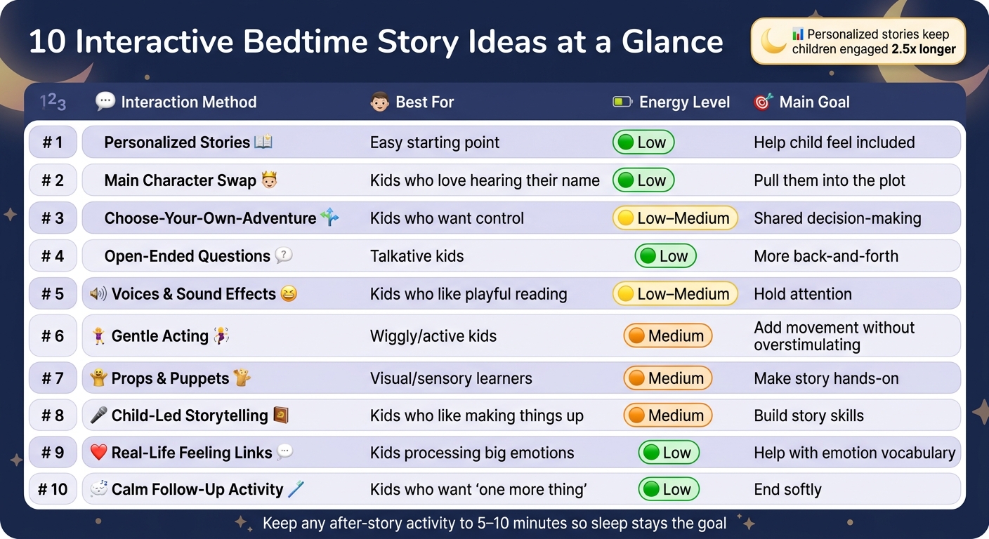 10 Interactive Bedtime Story Ideas: Energy Level & Best Use Guide