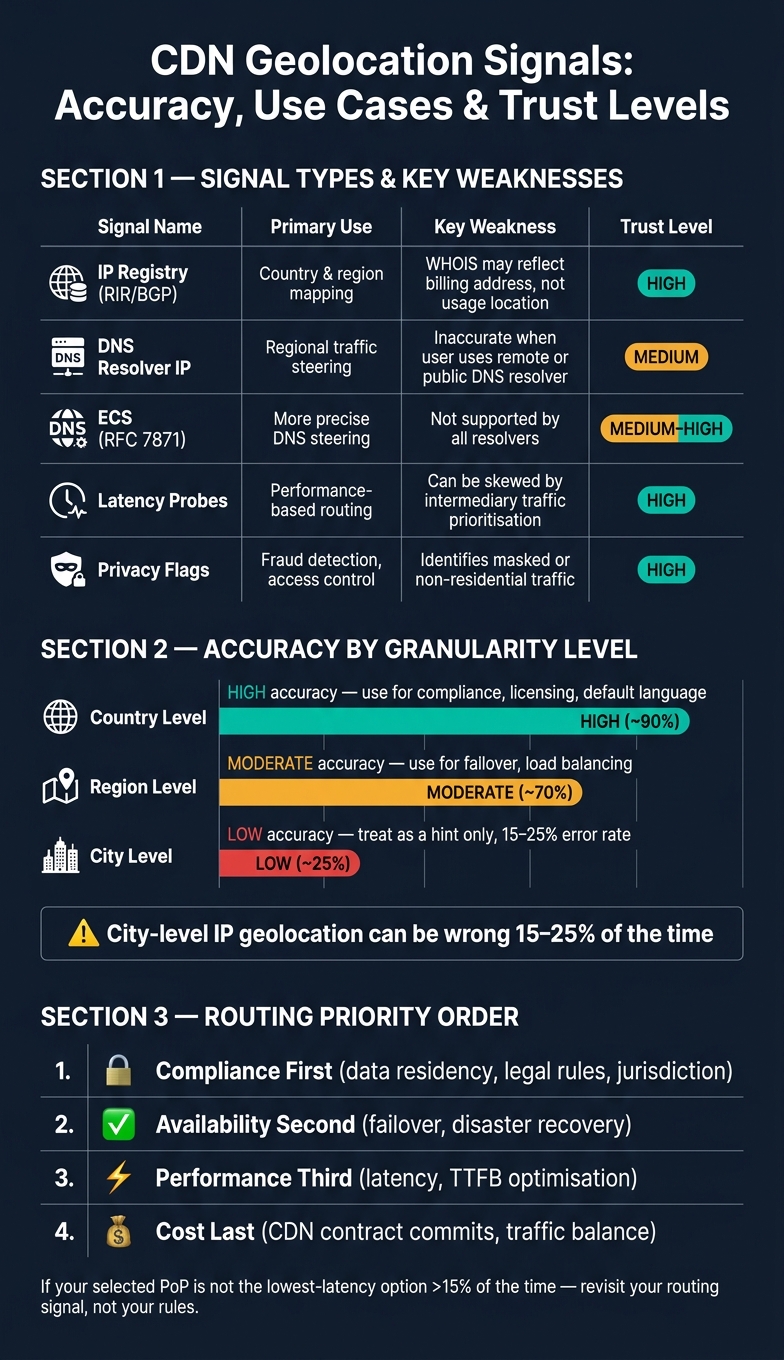 CDN Geolocation Routing: Signal Types, Accuracy &amp; Trust Levels