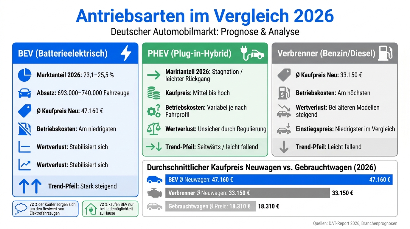 Deutscher Automarkt 2026: Antriebsarten im Vergleich – Preis, Kosten & Marktanteil