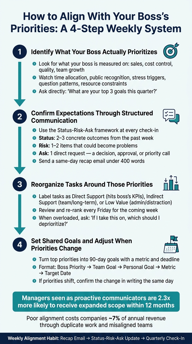 How to Align With Your Boss's Priorities: A 4-Step Weekly System - Infographic © MyDifficultBoss.com