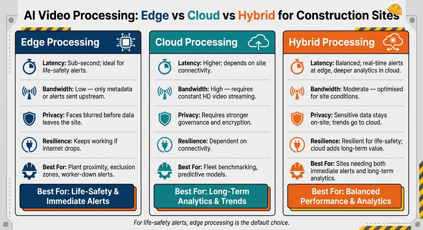 Edge vs Cloud vs Hybrid AI Video Processing for Construction Sites