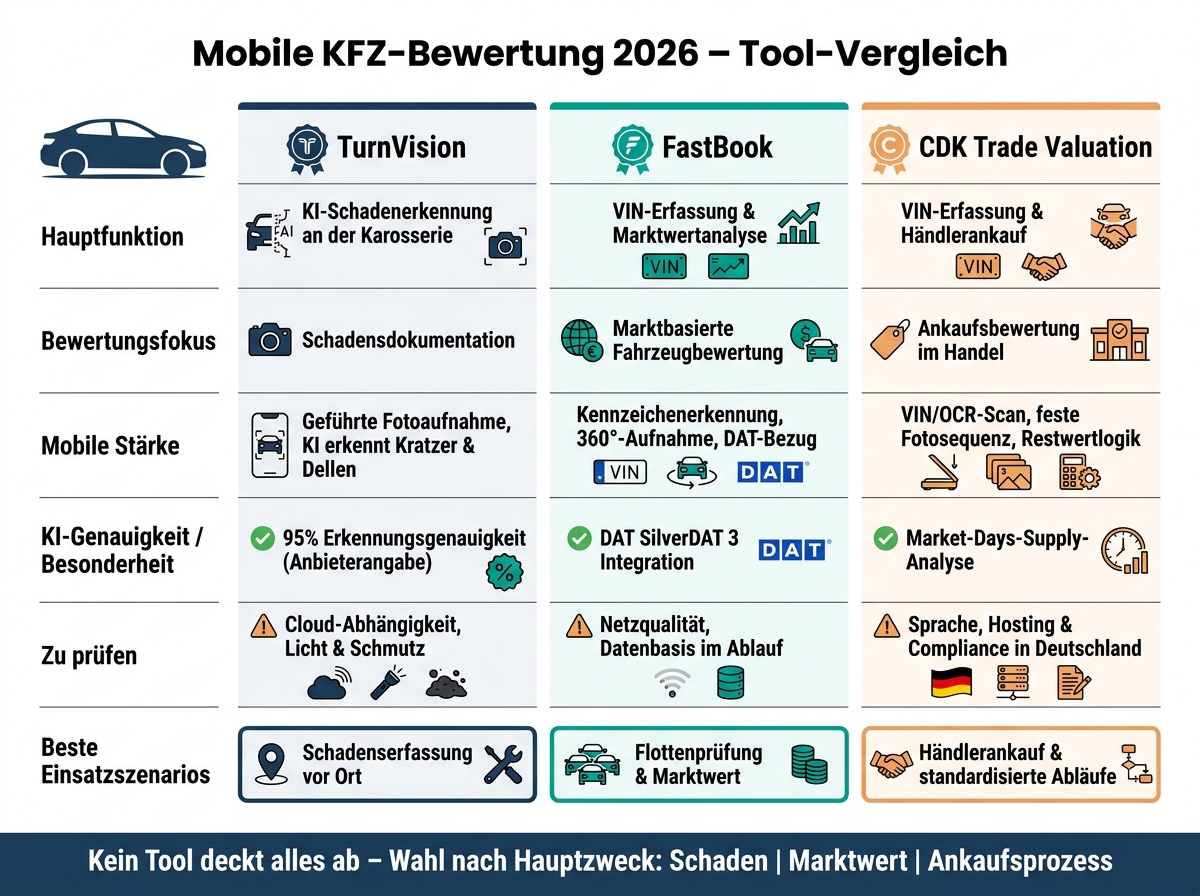 TurnVision vs. FastBook vs. CDK Trade Valuation: Mobile KFZ-Bewertung 2026