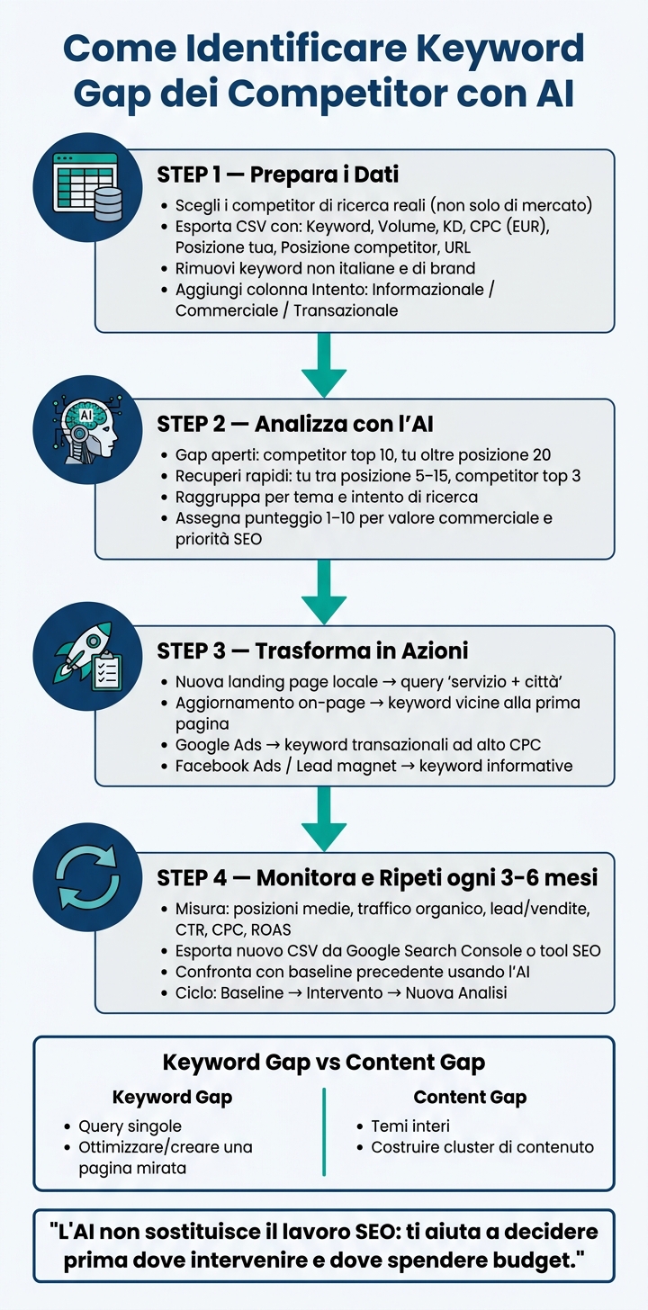 Come identificare gap parole chiave dei competitor con ai 1 Come trovare keyword gap dei competitor con ai: il flusso in 4 step