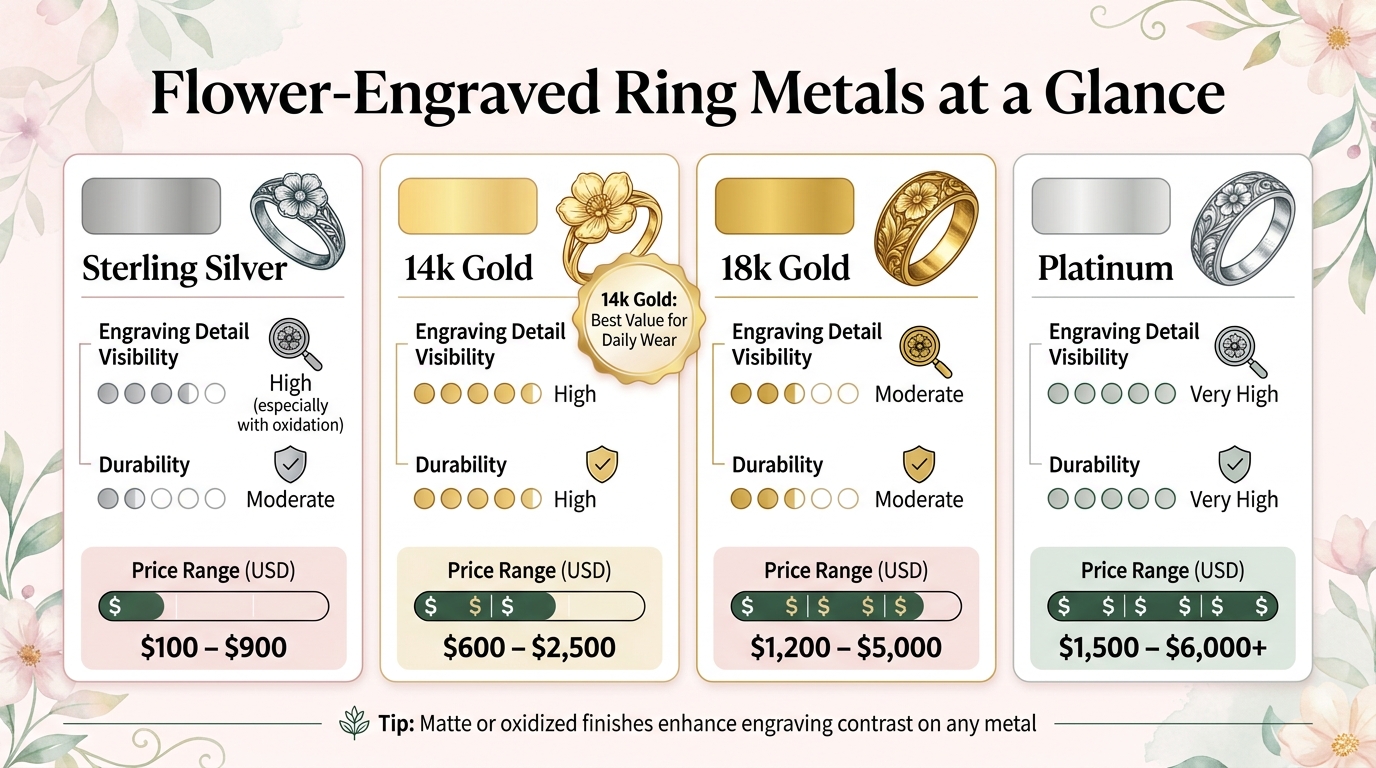 Flower-Engraved Ring Metals Compared: Price, Durability & Detail Visibility