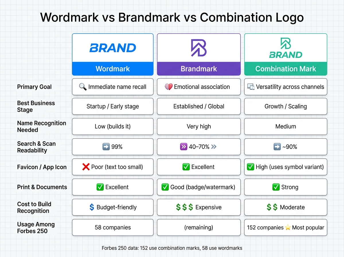 Wordmark vs Brandmark vs Combination Logo: Side-by-Side Comparison