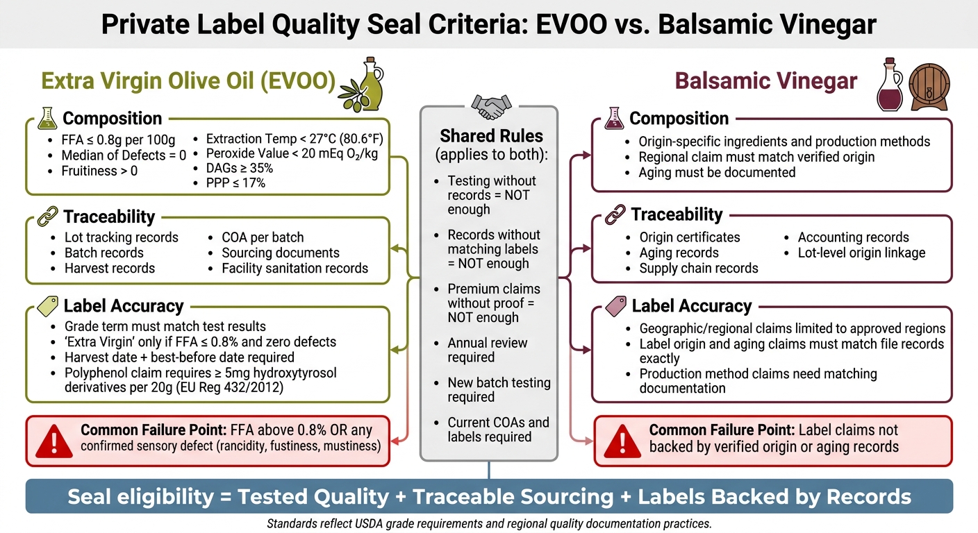 Private Label Quality Seal Criteria: EVOO vs Balsamic Vinegar