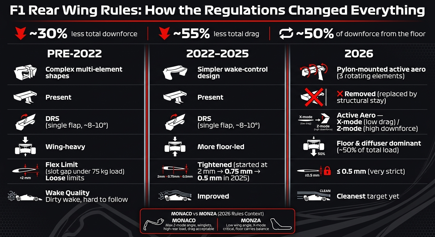 F1 Rear Wing Rules: Pre-2022 vs 2022–2025 vs 2026 Regulations