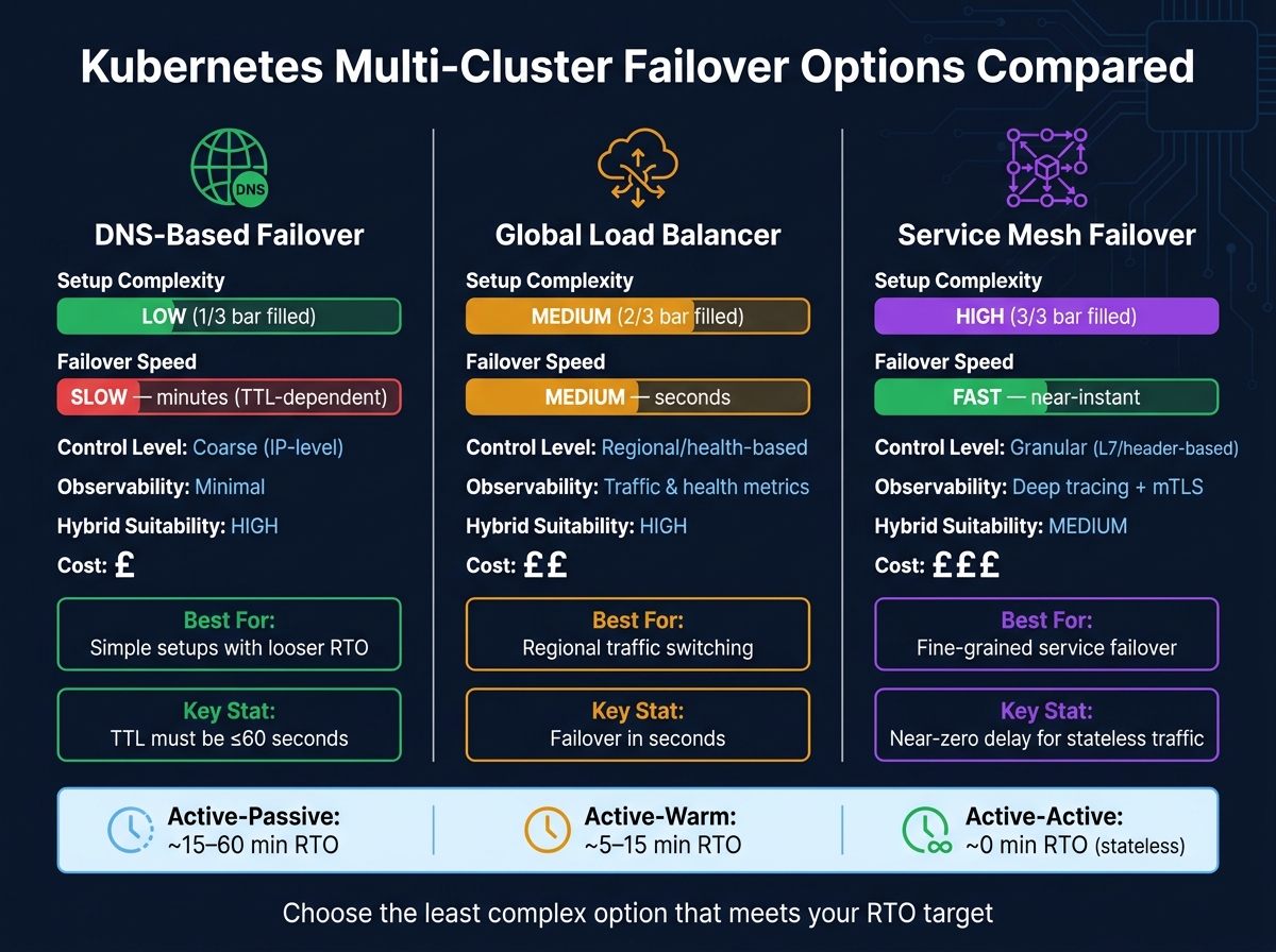 Kubernetes Multi-Cluster Failover: DNS vs Load Balancer vs Service Mesh
