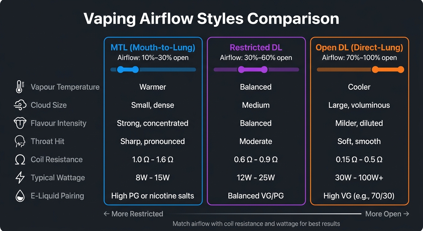 How Airflow Control Works In Vape Mods 2 Vape airflow settings by style: mtl vs restricted dl vs open dl