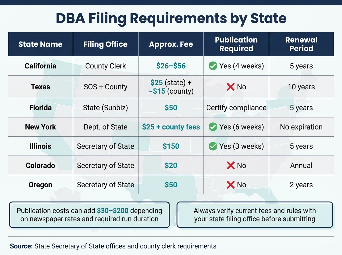 DBA Filing Requirements by State: Fees, Publication & Renewal