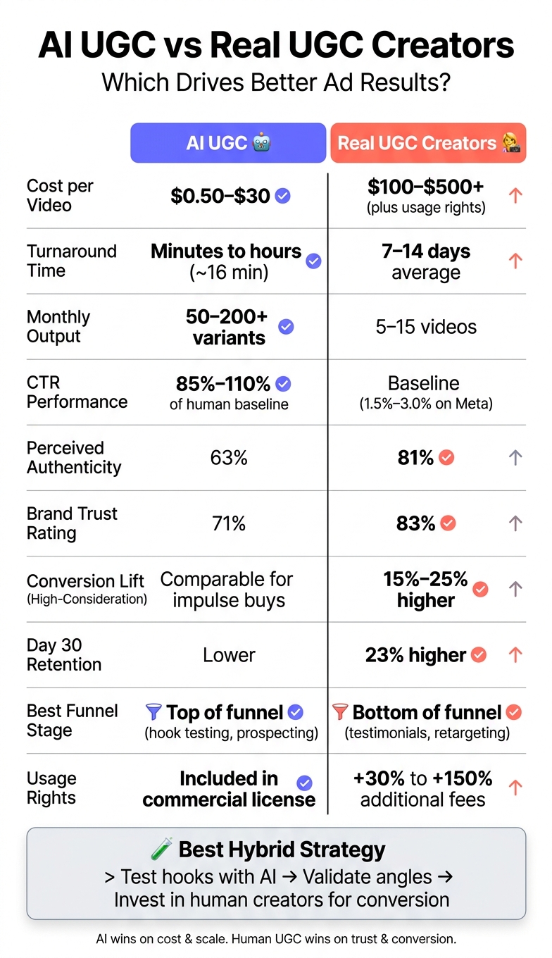 AI UGC vs Real UGC Creators: Cost, Speed & Performance Compared