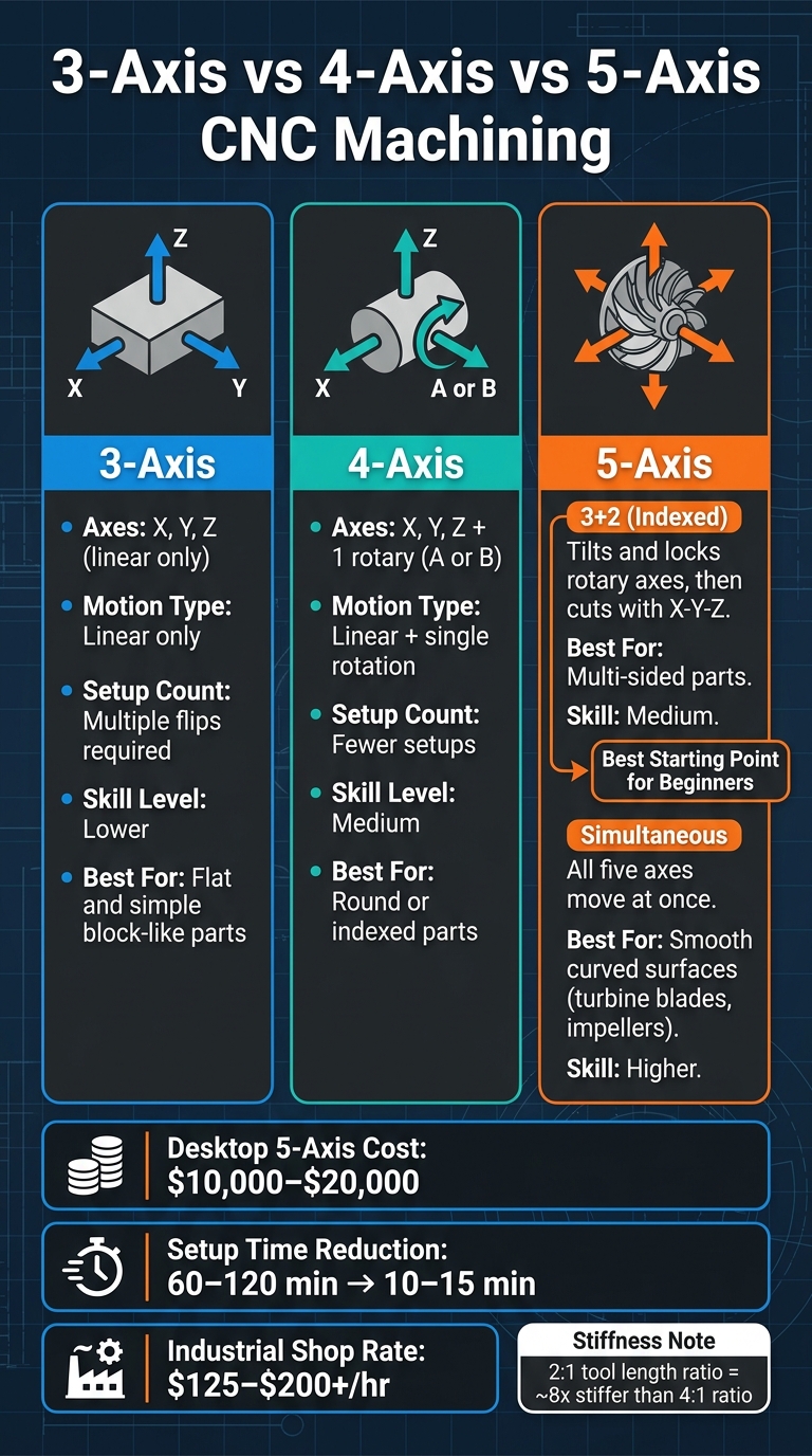 3-Axis vs 4-Axis vs 5-Axis CNC Machining: Key Differences at a Glance