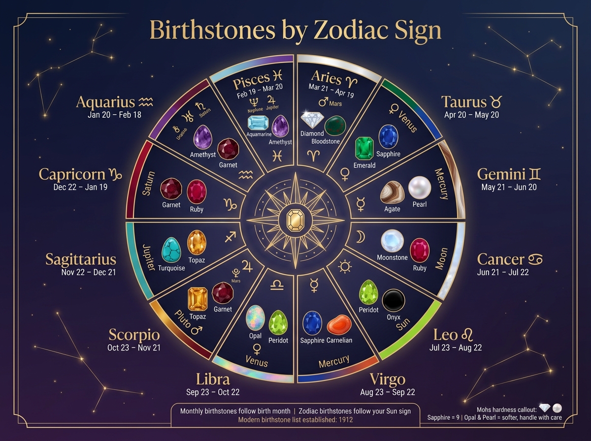 Birthstones by Zodiac Sign: Complete Chart with Stones & Ruling Planets