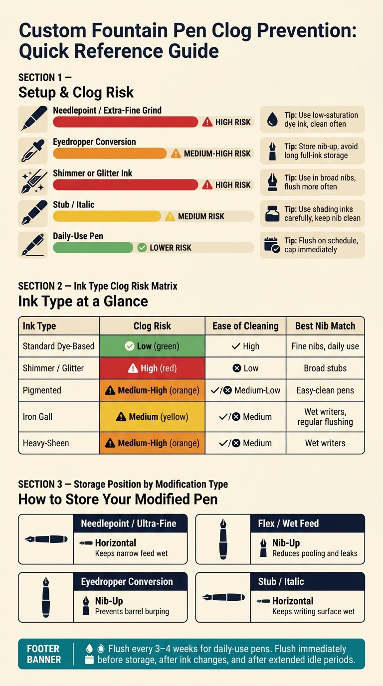 Custom Fountain Pen Clog Risk: Ink Types vs. Nib Setups at a Glance