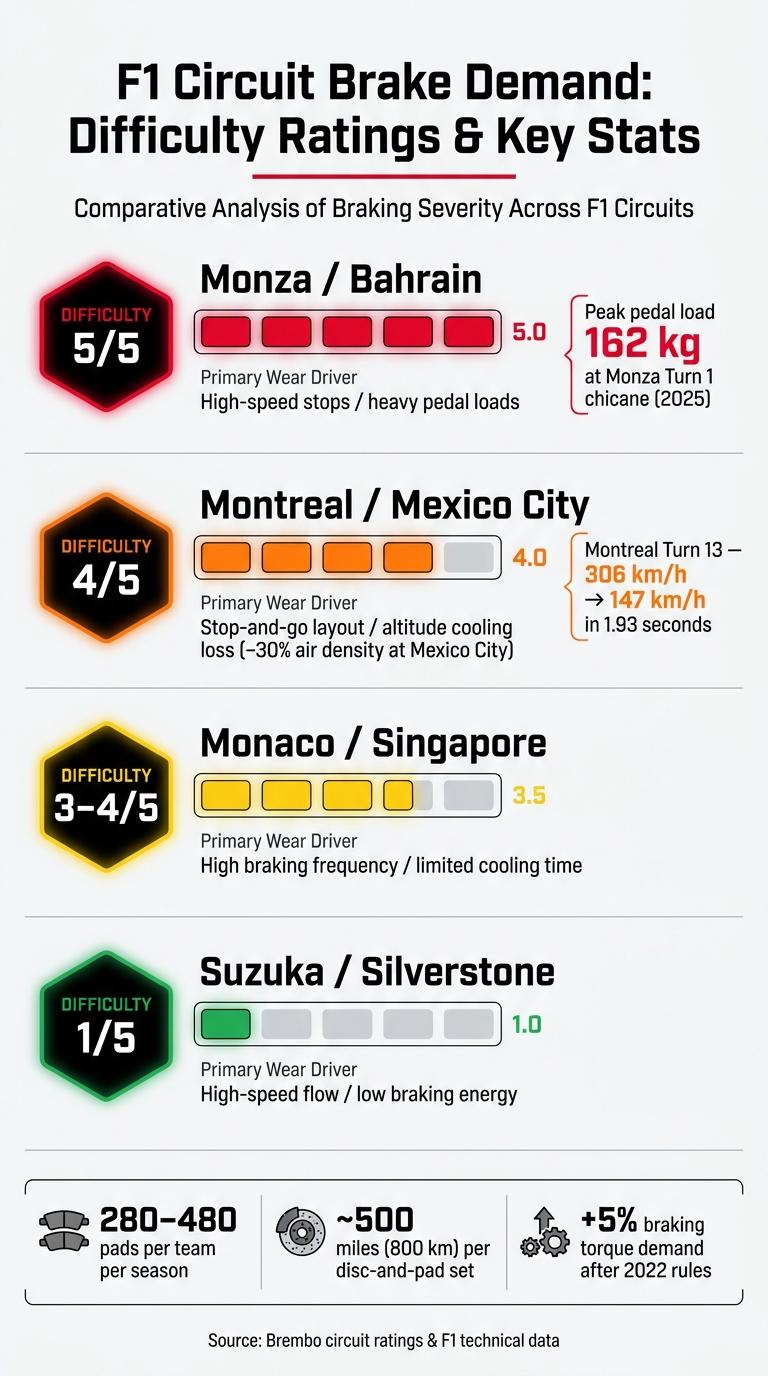 F1 Brake Pad Wear by Circuit: Difficulty Ratings & Key Stats