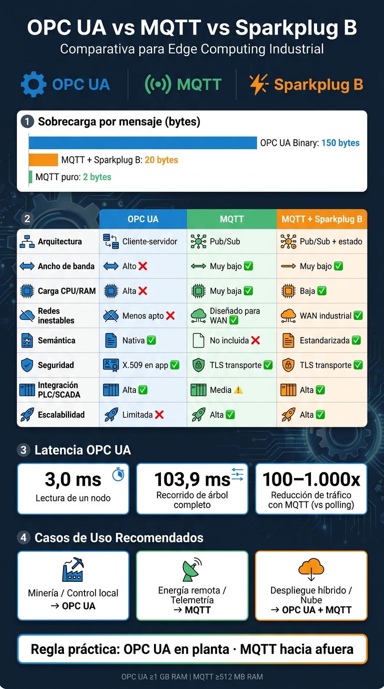 OPC UA vs MQTT vs Sparkplug B en Edge Computing Industrial