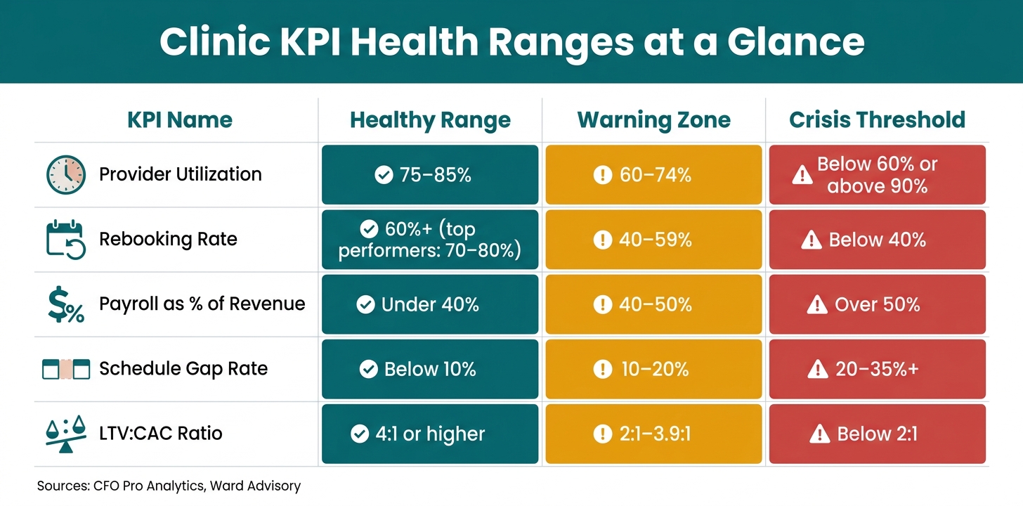 Clinic KPI Health Ranges: Healthy vs. Warning vs. Crisis Thresholds