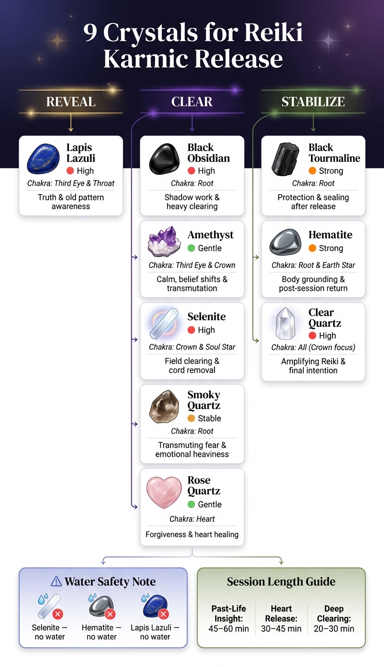9 Crystals for Reiki Karmic Release: Roles, Chakras & Intensity