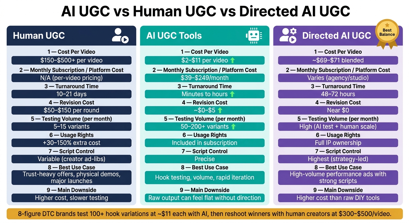 AI UGC vs Human UGC vs Directed AI UGC: Cost, Speed & Performance Compared