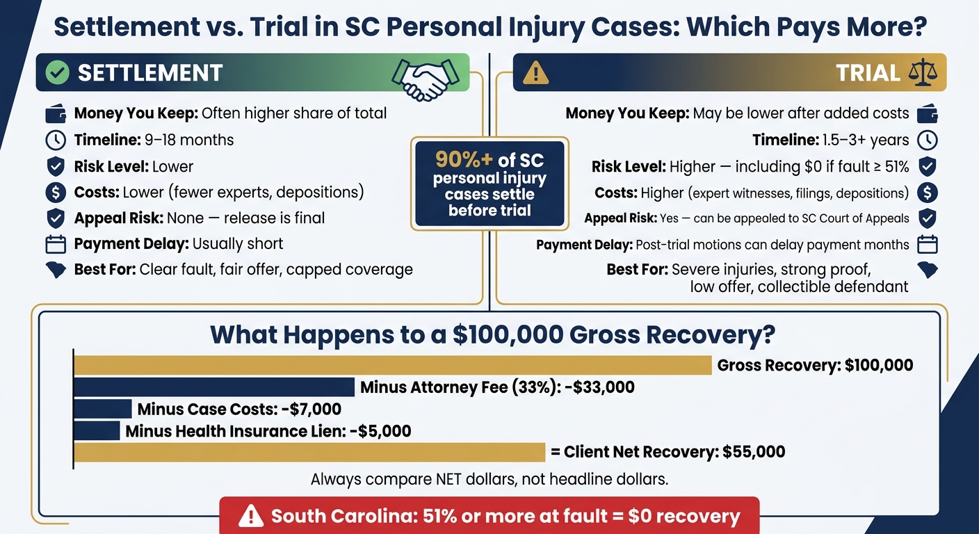 Settlement vs Trial in a SC Personal Injury Case: Which Pays More in 2026? 1 Settlement vs. Trial in SC Personal Injury Cases: Net Recovery Breakdown 2026