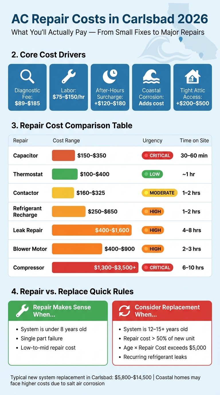 AC Repair Costs in Carlsbad 2026: Common Repairs at a Glance