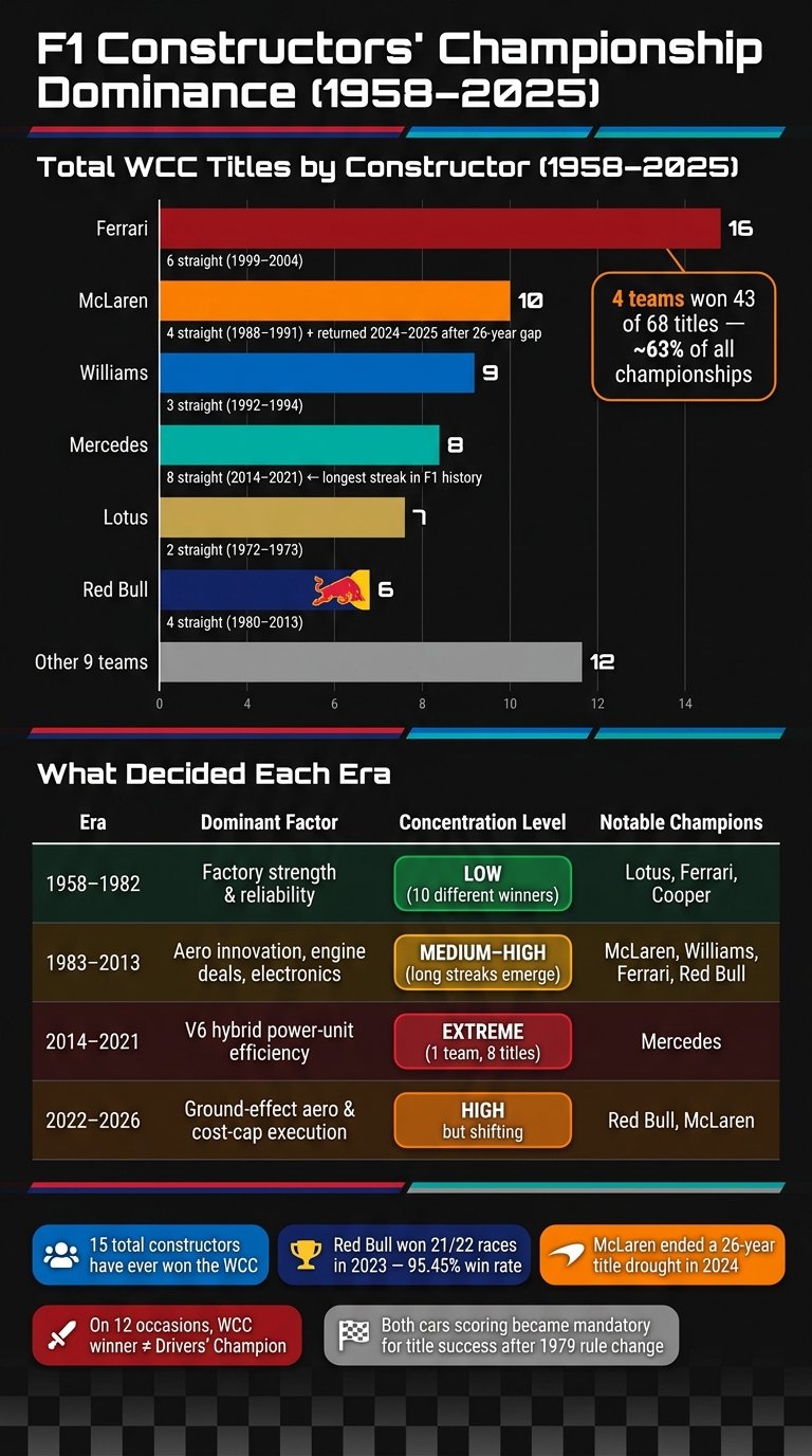 F1 Constructors' Championship Dominance by Team and Era (1958–2025)