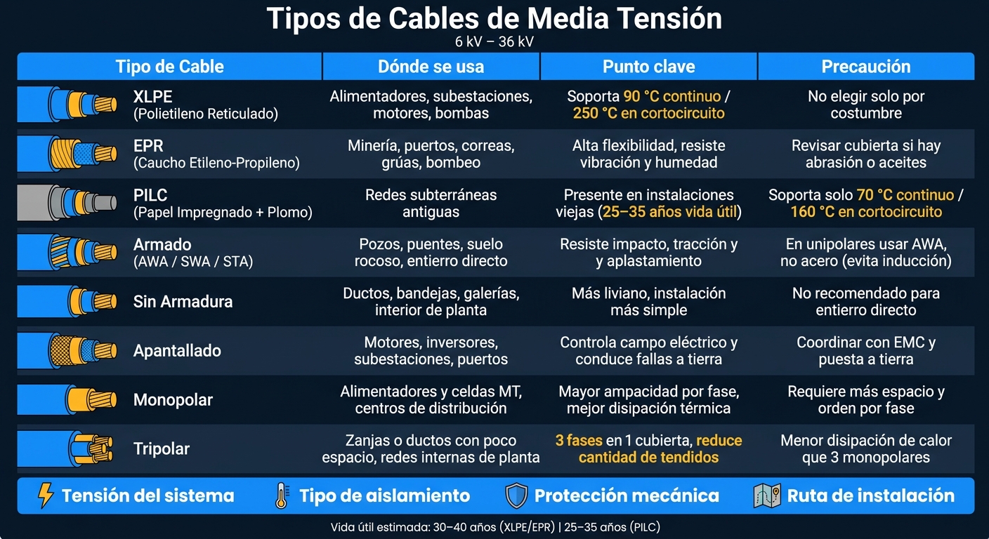 Tipos de Cables de Media Tensión: Comparativa de Aislamiento, Protección y Uso Industrial