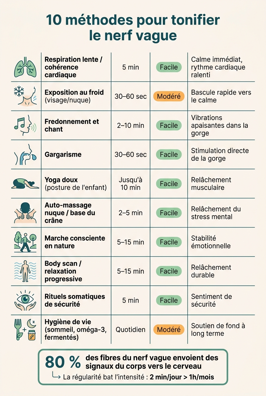 10 méthodes naturelles pour stimuler le nerf vague : comparaison rapide