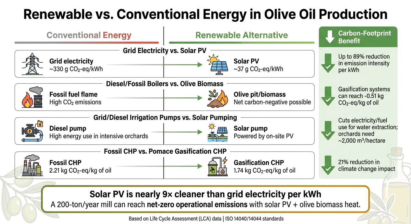 Renewable vs. Conventional Energy in Olive Oil Production: Carbon Footprint Comparison